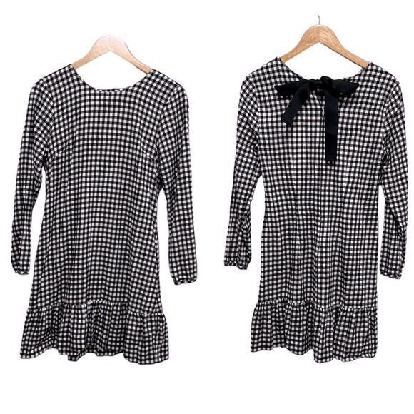 J Crew Gingham Flannel Ruffle Dress Bow Back Black White Buffalo Check Size XS - Picture 1 of 8